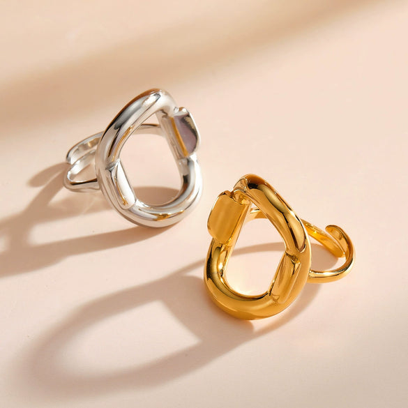 Women's Vintage Round Hollow Geometric Stainless Steel Open Ring With 18K Gold Vacuum Plating And Adjustable Design