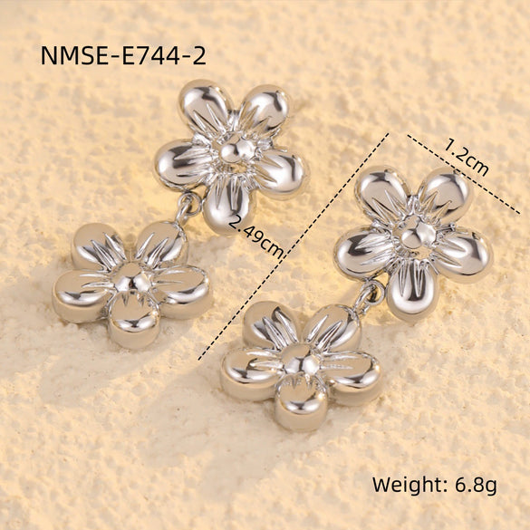 Women's Vintage Simple And Versatile Stainless Steel Flower Tassel Earrings With Electroplating