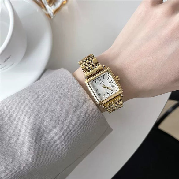 Women's Vintage Simple Square Alloy Case Quartz Watch With Steel Band
