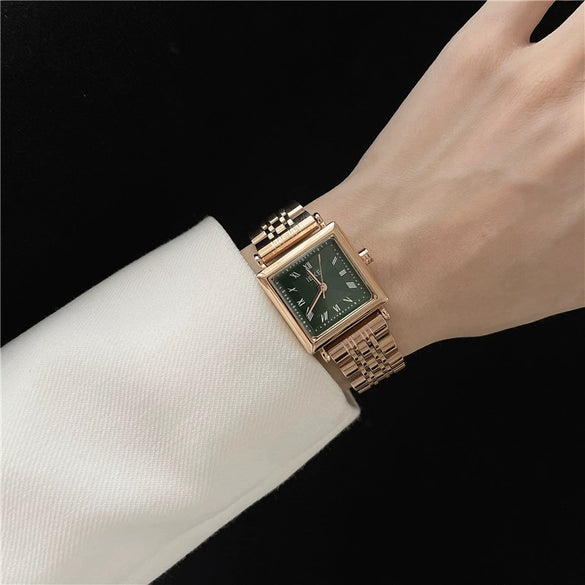 Women's Vintage Simple Square Alloy Case Quartz Watch With Steel Band