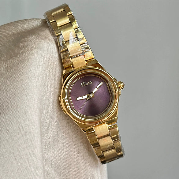 Women's Vintage Style Round Dial Alloy Case Steel Band Wristwatch With Pointer Display And Butterfly Double Snap Buckle