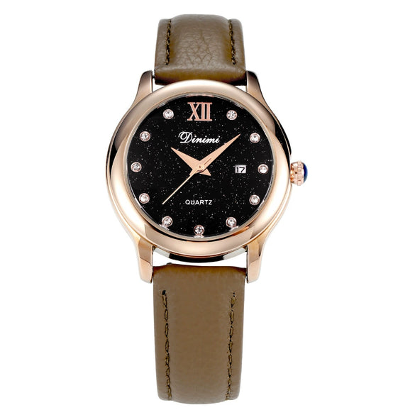 Women's Watch Alloy Case Genuine Leather Strap Round Dial Luxury Leisure Style Diamond Starry Sky Face