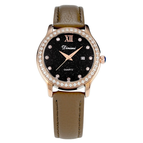Women's Watch Alloy Case Genuine Leather Strap Round Dial Luxury Leisure Style Diamond Starry Sky Face