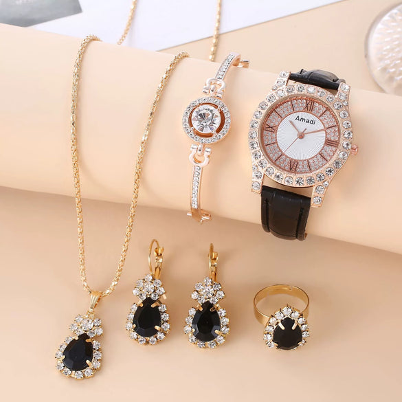 Women's Watch And Jewelry Set Alloy Gold Imitation Leather Round Dial Luxury Style