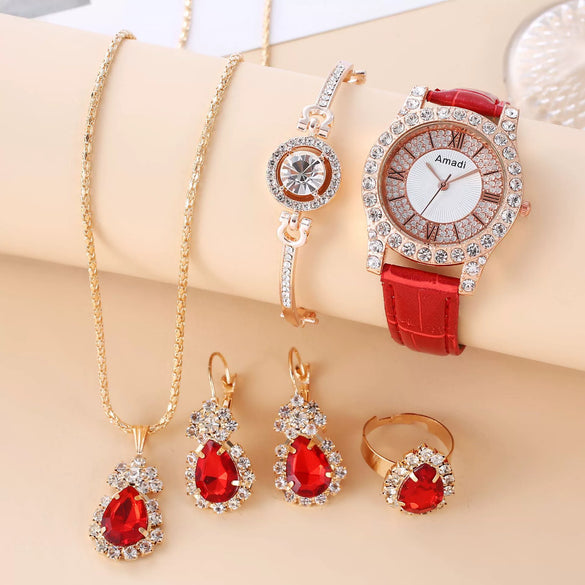 Women's Watch And Jewelry Set Alloy Gold Imitation Leather Round Dial Luxury Style