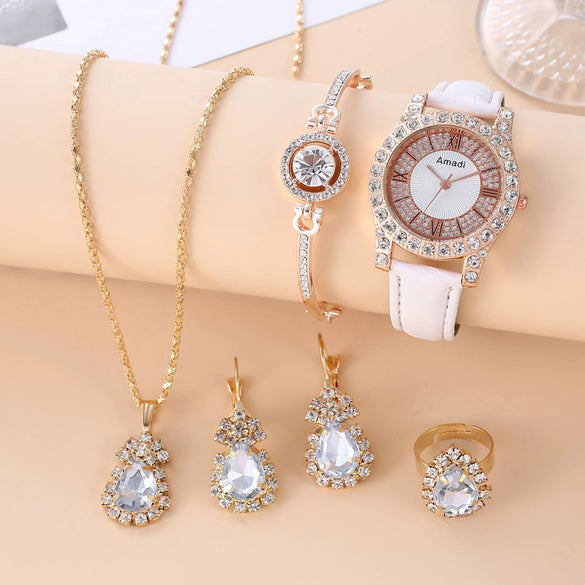 Women's Watch And Jewelry Set Alloy Gold Imitation Leather Round Dial Luxury Style