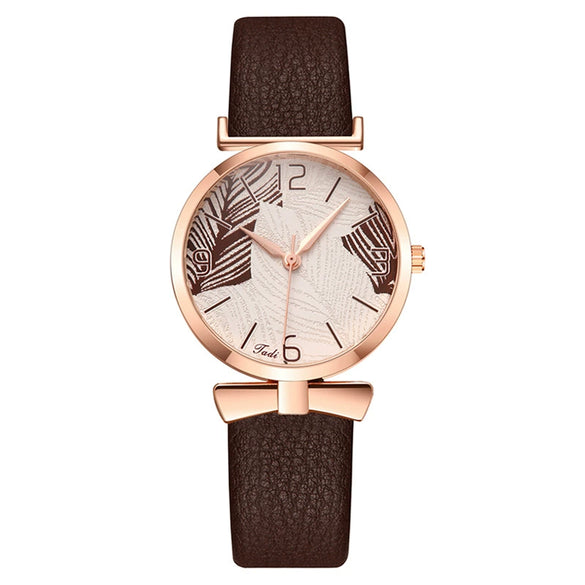 Women's Watch Bow Leaf Print Imitation Leather Belt Metal Case Stainless Steel Clasp Round Dial