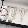 Women's Watch Fivepiece Set Alloy Case Imitation Leather Strap Round Dial Casual Style Rhinestone Love Jewelry Gift Suit