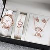 Women's Watch Fivepiece Set Alloy Case Imitation Leather Strap Round Dial Casual Style Rhinestone Love Jewelry Gift Suit