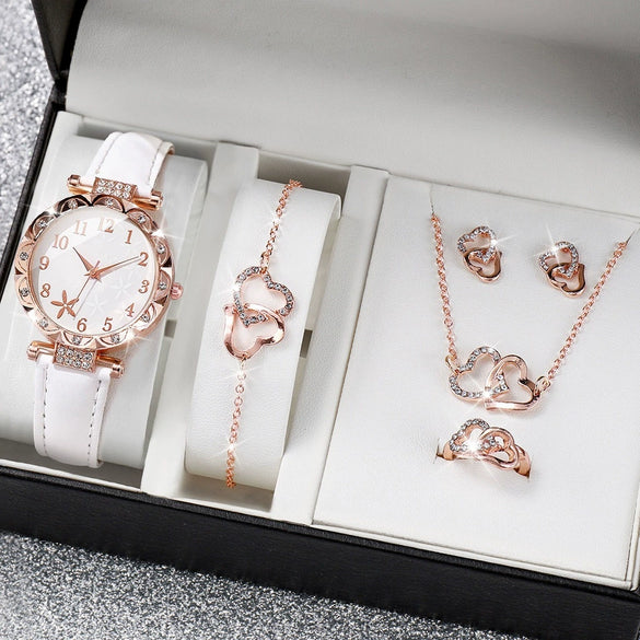 Women's Watch Fivepiece Set Alloy Case Imitation Leather Strap Round Dial Casual Style Rhinestone Love Jewelry Gift Suit