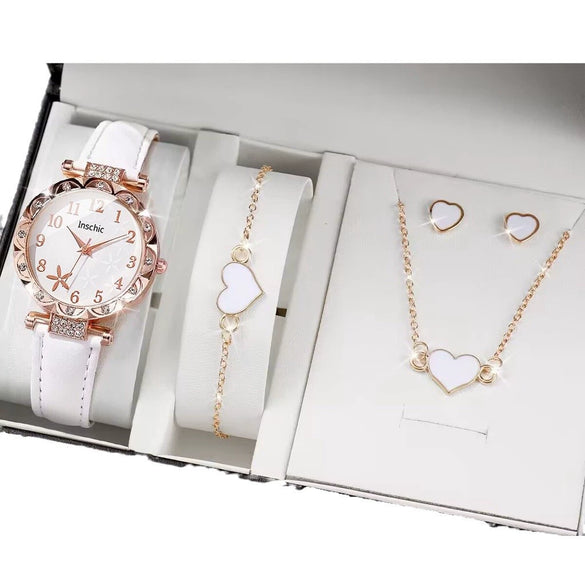 Women's Watch Fivepiece Set Alloy Case Imitation Leather Strap Round Dial Casual Style Rhinestone Love Jewelry Gift Suit
