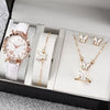 Women's Watch Fivepiece Set Alloy Case Imitation Leather Strap Round Dial Casual Style Rhinestone Love Jewelry Gift Suit