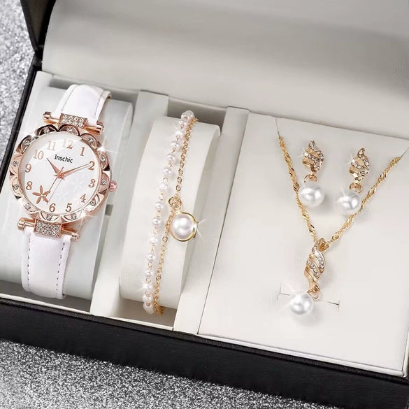 Women's Watch Fivepiece Set Alloy Case Imitation Leather Strap Round Dial Casual Style Rhinestone Love Jewelry Gift Suit