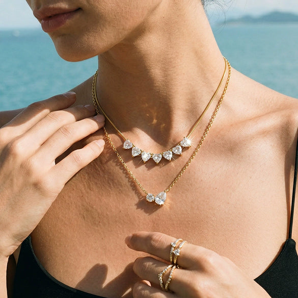 Women's Water Drop Geometric Pendant Necklace In Stainless Steel With Zircon Rhinestone Inlay And 18K Vacuum Plated Finish