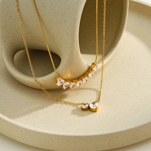 Women's Water Drop Geometric Pendant Necklace In Stainless Steel With Zircon Rhinestone Inlay And 18K Vacuum Plated Finish