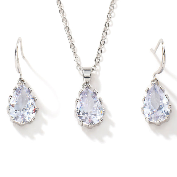 Women's Water Drop Rhinestone Necklace And Earrings Jewelry Set In Electroplated Copper With Snake Bone Chain