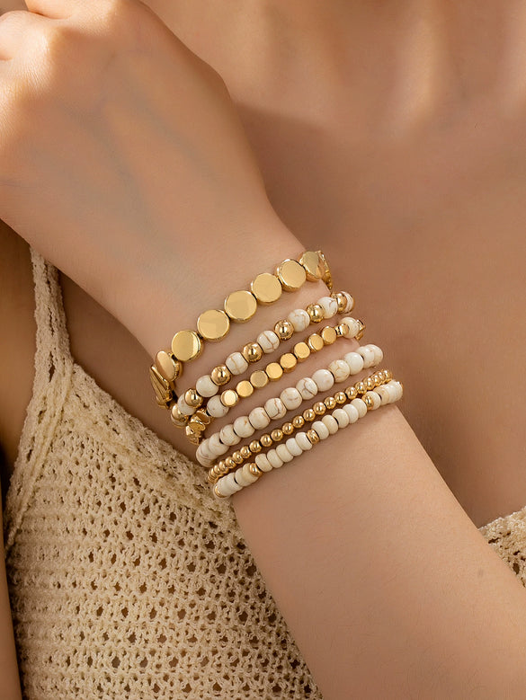 Women's White Turquoise And Gold Tone Beaded Bracelet Set With Heart And Rhombus Charms Layered Geometric Jewelry