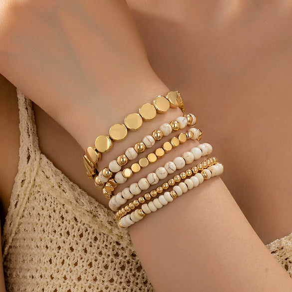 Women's White Turquoise And Gold Tone Beaded Bracelet Set With Heart And Rhombus Charms Layered Geometric Jewelry