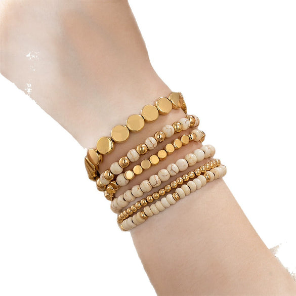 Women's White Turquoise And Gold Tone Beaded Bracelet Set With Heart And Rhombus Charms Layered Geometric Jewelry