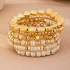 Women's White Turquoise And Gold Tone Beaded Bracelet Set With Heart And Rhombus Charms Layered Geometric Jewelry