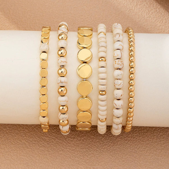 Women's White Turquoise And Gold Tone Beaded Bracelet Set With Heart And Rhombus Charms Layered Geometric Jewelry
