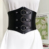 Women's Wide Elastic Faux Leather Corset Waist Belt With Punk Spliced Design And Snap Closure