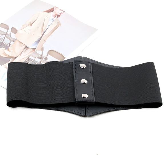 Women's Wide Elastic Faux Leather Corset Waist Belt With Punk Spliced Design And Snap Closure