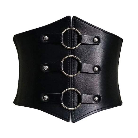 Women's Wide Elastic Faux Leather Corset Waist Belt With Punk Spliced Design And Snap Closure