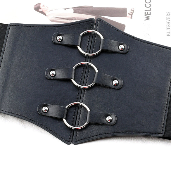 Women's Wide Elastic Faux Leather Corset Waist Belt With Punk Spliced Design And Snap Closure