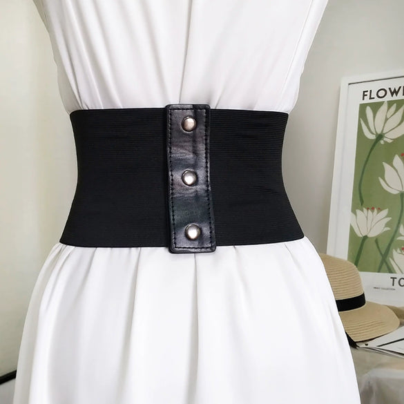 Women's Wide Elastic Faux Leather Corset Waist Belt With Punk Spliced Design And Snap Closure