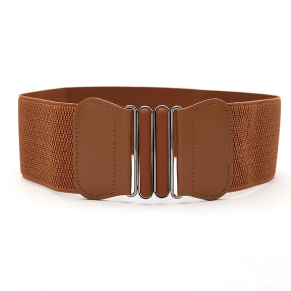 Women's Wide Elastic Imitation Leather Waist Belt With Laceup Detail And Alloy Double Ring Buckle