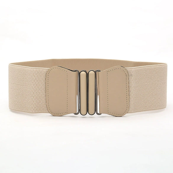 Women's Wide Elastic Imitation Leather Waist Belt With Laceup Detail And Alloy Double Ring Buckle