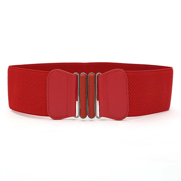Women's Wide Elastic Imitation Leather Waist Belt With Laceup Detail And Alloy Double Ring Buckle