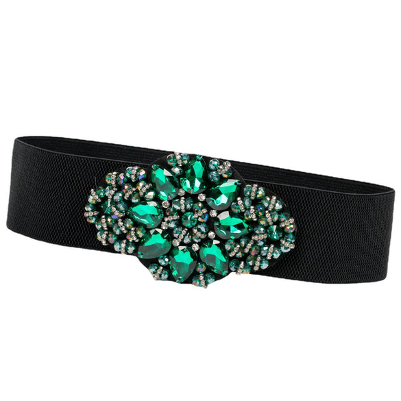 Women's Wide Elastic Woven Waist Belt With Rhinestone And Crystal Bead Embellishments And Alloy Snap Buckle