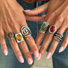 Women's Wide Geometric Openwork Ring In Antique Silver Tone Alloy With Resin Gemstone Inlay And Plated Finish
