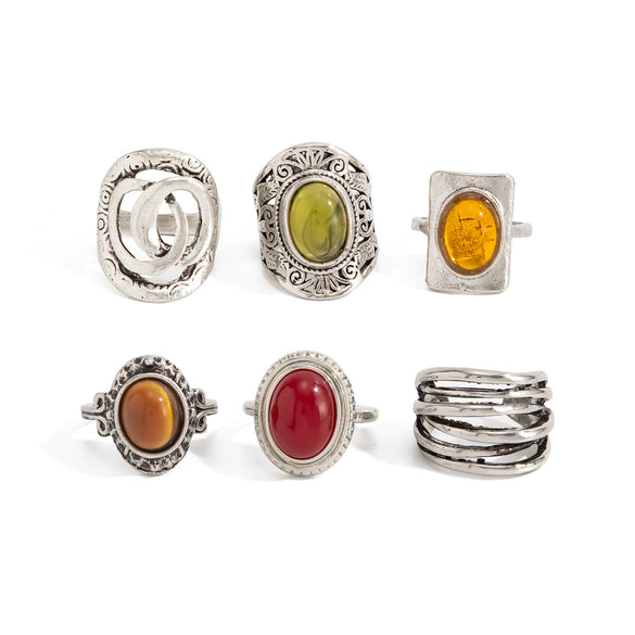 Women's Wide Geometric Openwork Ring In Antique Silver Tone Alloy With Resin Gemstone Inlay And Plated Finish