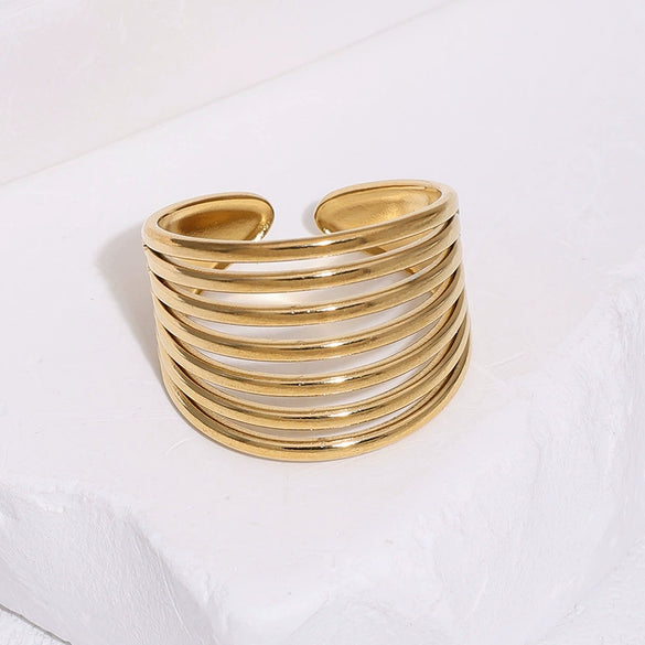 Women's Wide Gold Tone Stainless Steel Open Ring With Simple Geometric Round Design And Electroplated Finish