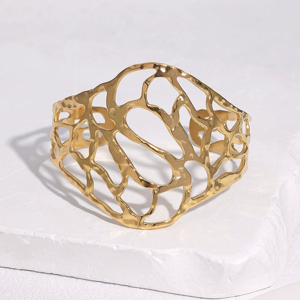 Women's Wide Hollow Geometric Stainless Steel Bracelet With Electroplated Gold Finish And Simple Luxury Style