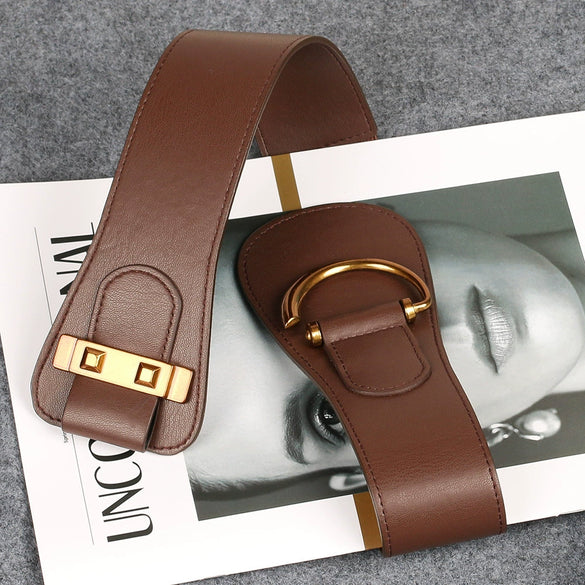 Women's Wide Pu Elastic Waist Belt With Retro Dshaped Alloy Buckle Statement Cinch Belt Accessory