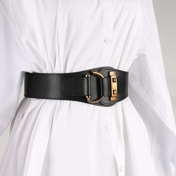 Women's Wide Pu Elastic Waist Belt With Retro Dshaped Alloy Buckle Statement Cinch Belt Accessory