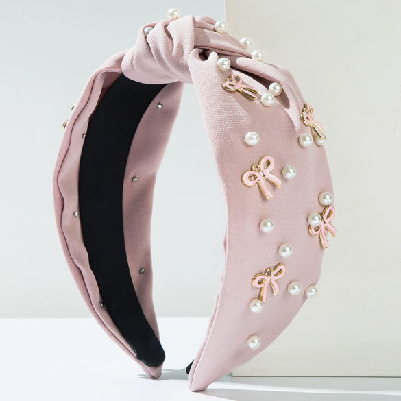 Women's Widebrimmed Hair Hoop Headband Fabric Knot Beaded Bowknot Alloy Glass Drill Set With Pearls Sweet Accessories