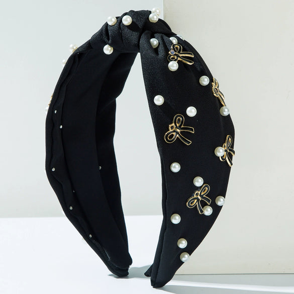 Women's Widebrimmed Hair Hoop Headband Fabric Knot Beaded Bowknot Alloy Glass Drill Set With Pearls Sweet Accessories