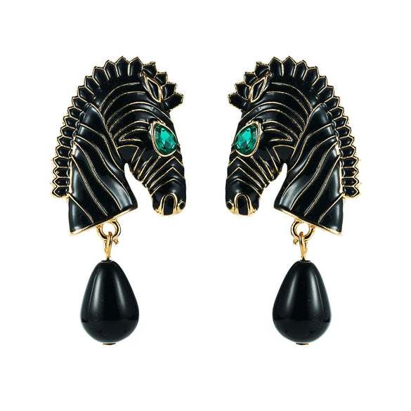 Women's Zebra Striped Horse Head Earrings With Dripping Oil Finish Retro Geometric Animal Jewelry