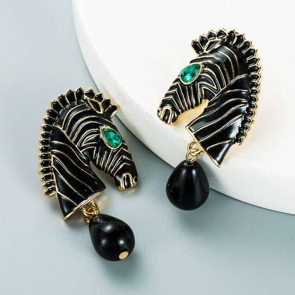 Women's Zebra Striped Horse Head Earrings With Dripping Oil Finish Retro Geometric Animal Jewelry