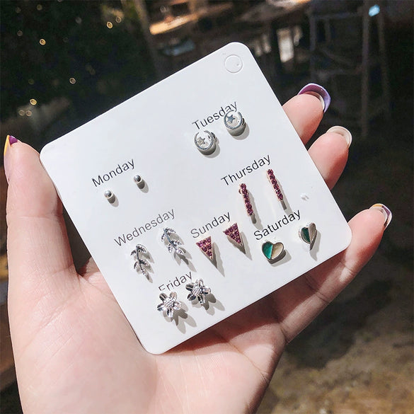 Women's Zinc Alloy And Stainless Steel Geometric Oneweek Earring Set With Diamond Design