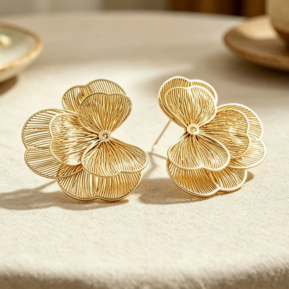 Women's Zinc Alloy Floral Geometric Hollow Earrings With Electroplated Finish And Stainless Steel Ear Posts