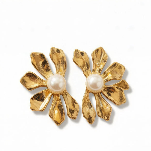 Women's Zinc Alloy Floral Leaf Earrings With Pearl Inlay And Stainless Steel Posts Niche Botanical Design Wholesale