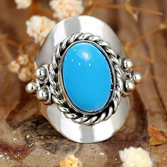 Women's Zinc Alloy Geometric Oval Retro Bohemian Style Ring With Electroplating And Turquoise