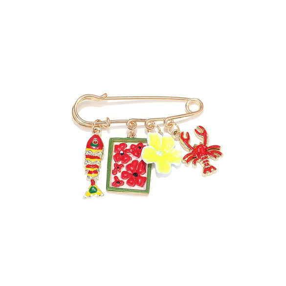 Women's Zinc Alloy Vacation Style Safety Pin Brooch With Cartoon Fish Lobster And Flower Pendants Electroplated Animal Accessory