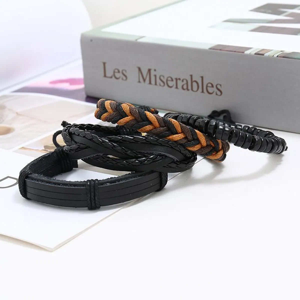 Wooden Beads Suit Bracelet Diy Wax Thread Woven Bracelet Men Leather Jewelry